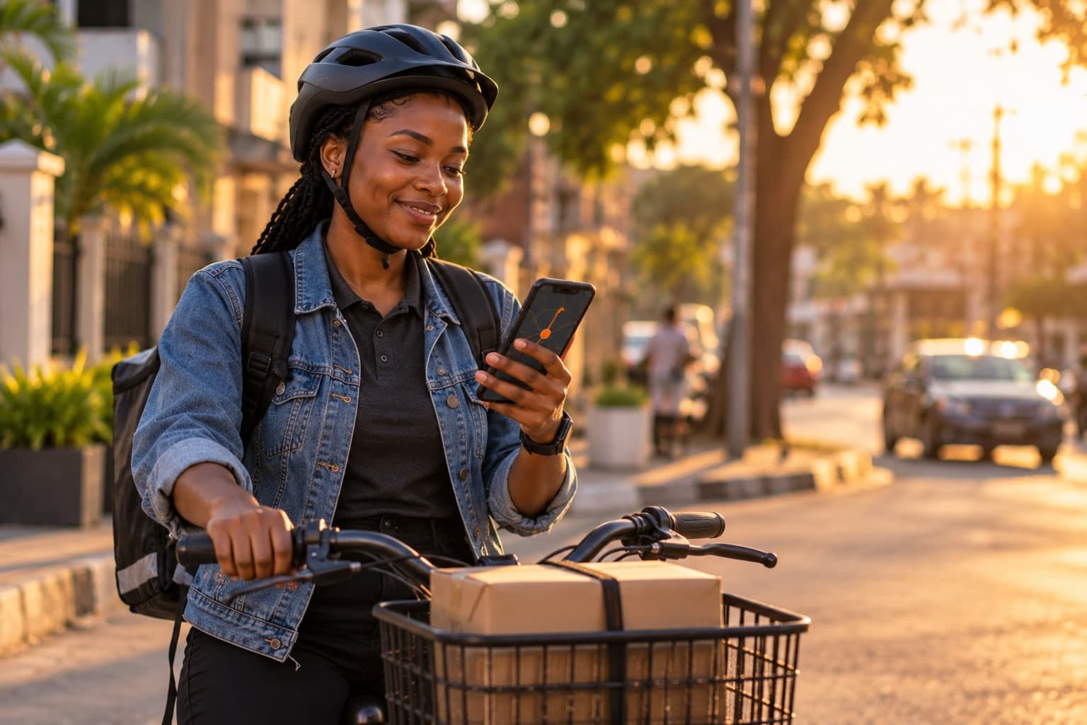 Delivery cyclist checking her route on her phone, with a parcel in the bicycle basket