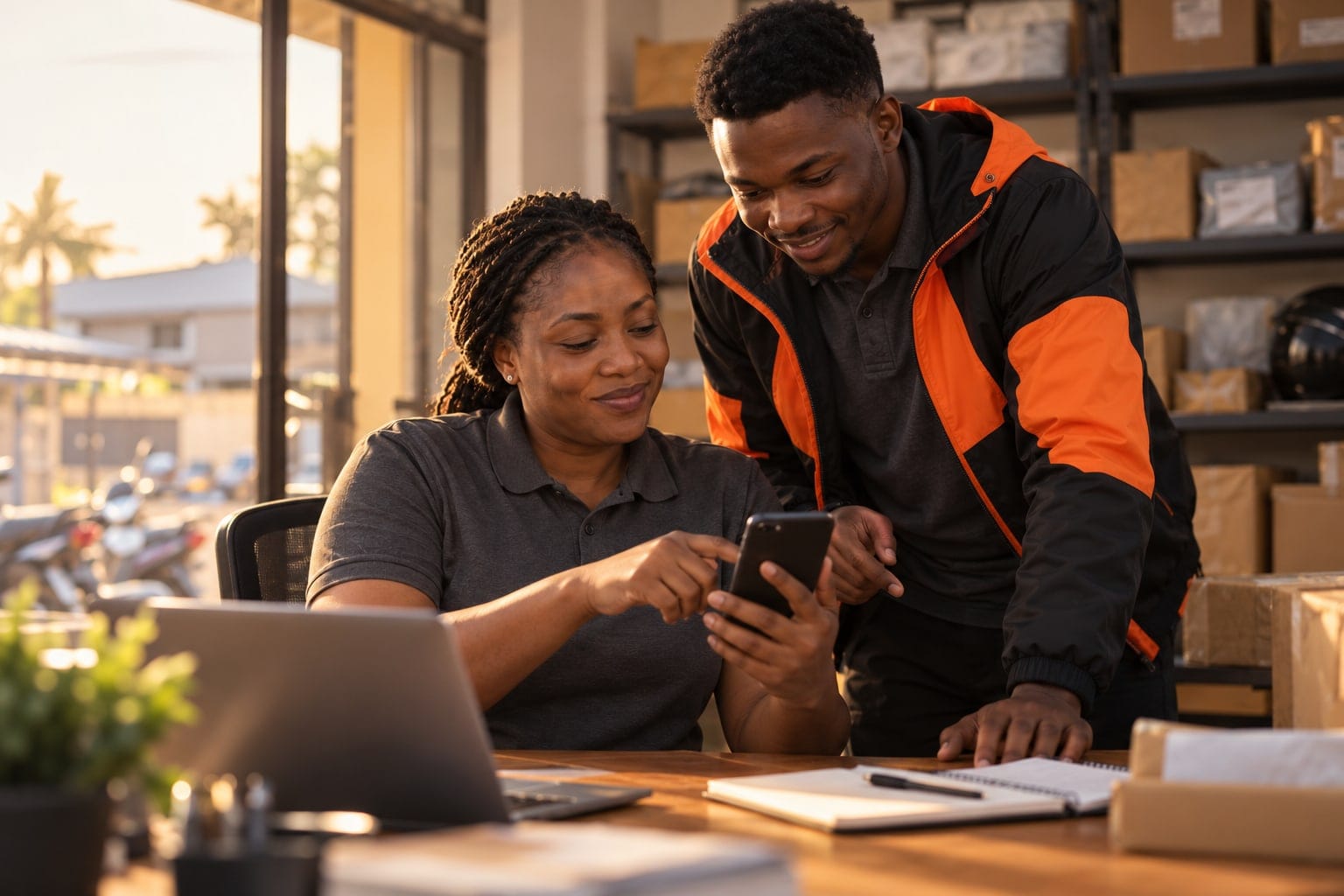 Courier manager and driver reviewing figures on a phone