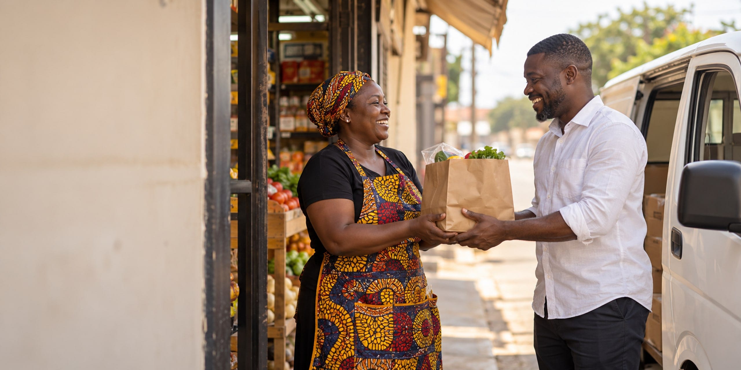 Van driver handing a bag to a smiling shop owner