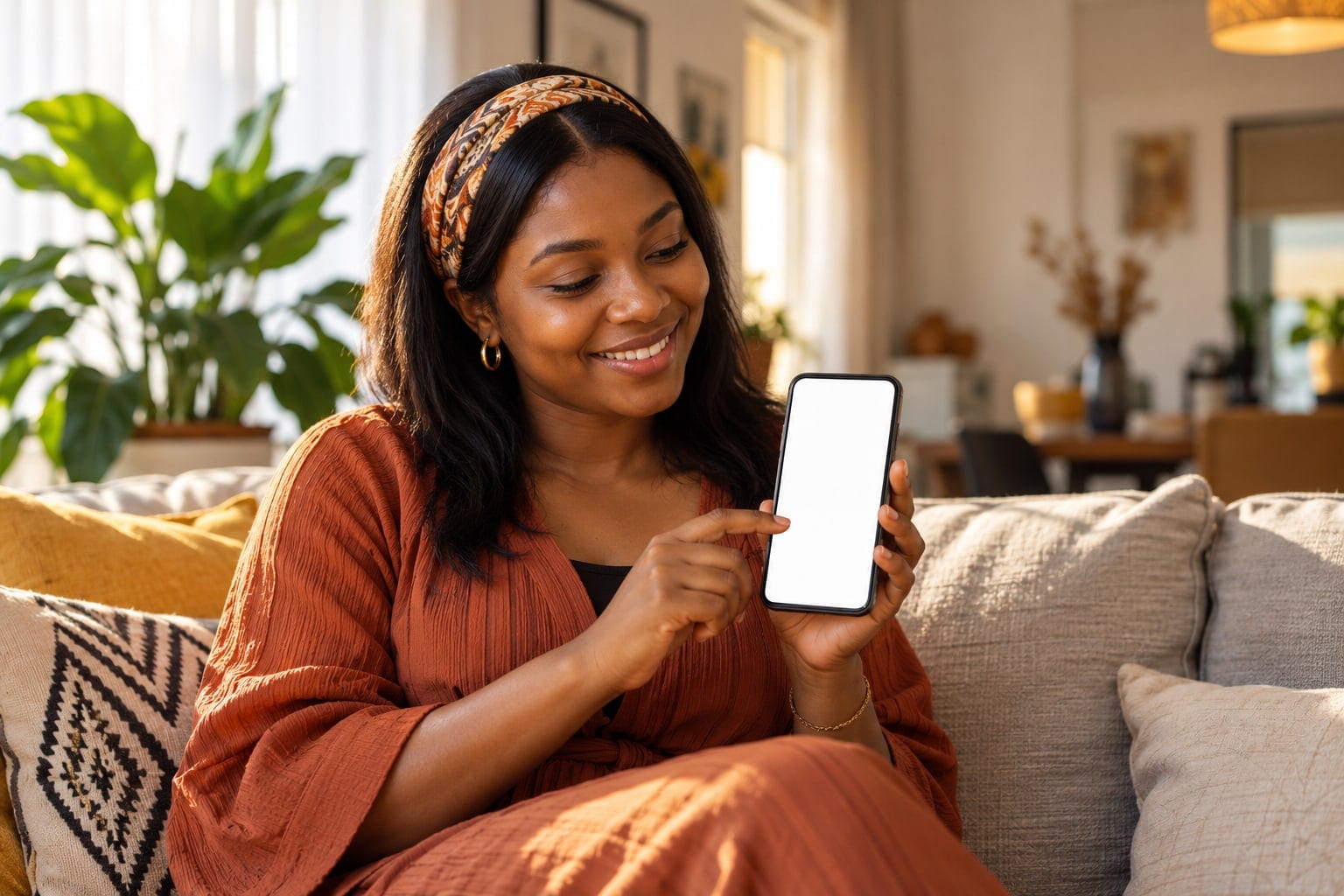 Customer booking a delivery on her phone from her sofa