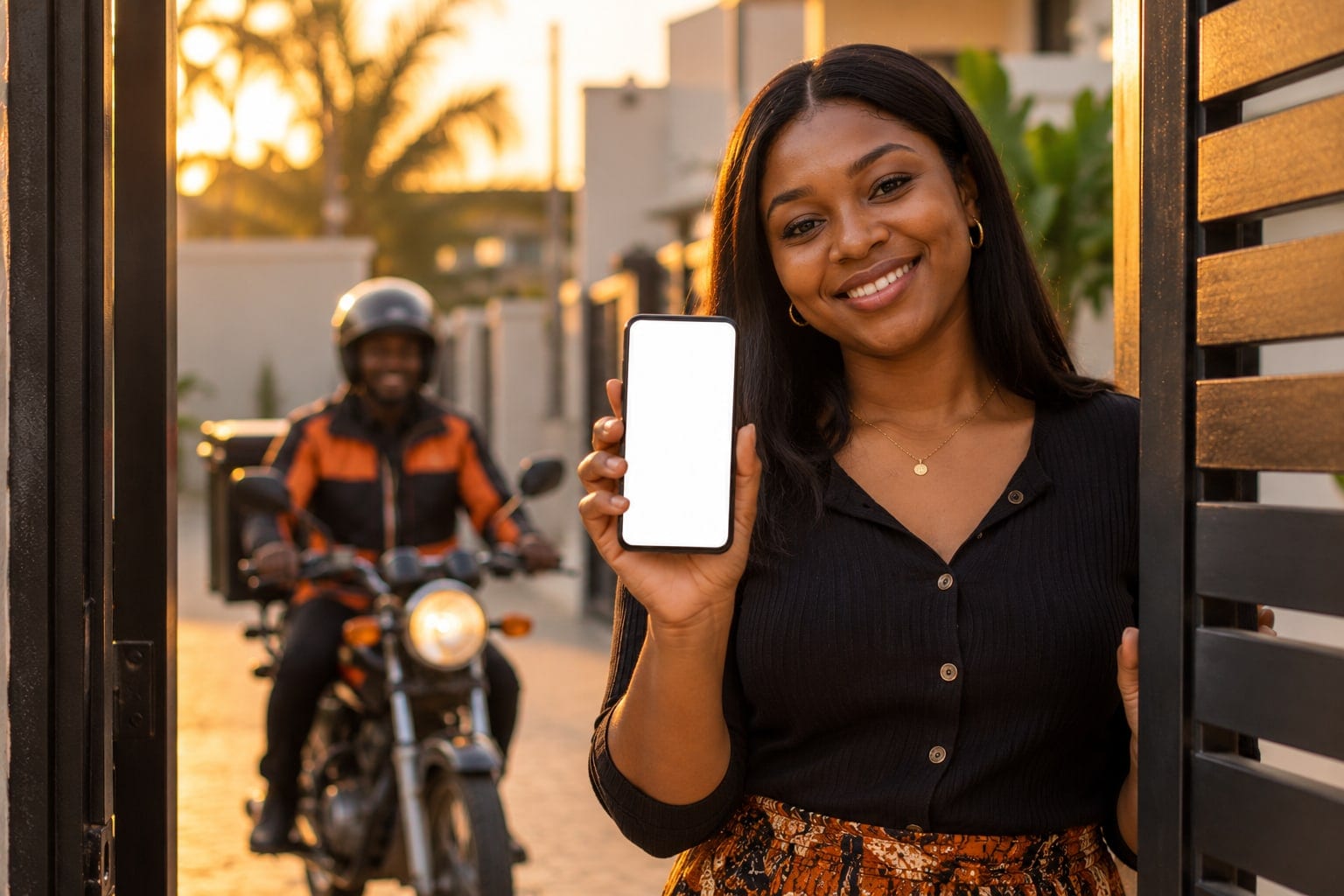 Customer at her gate showing the live tracking page as her rider arrives